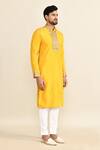 Shop_Kalighata_Yellow Chanderi Embroidery Floral Mustard Cutdana Kurta Set _Online_at_Aza_Fashions