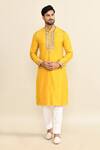 Kalighata_Yellow Chanderi Embroidery Floral Mustard Cutdana Kurta Set _at_Aza_Fashions