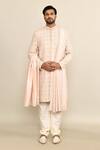 Shop_Kalighata_Pink Silk, Cotton Sequins, Cut Work Kundan Quatrefoil Embroidered Sherwani Set _Online_at_Aza_Fashions