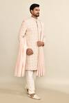 Kalighata_Pink Silk, Cotton Sequins, Cut Work Kundan Quatrefoil Embroidered Sherwani Set _at_Aza_Fashions