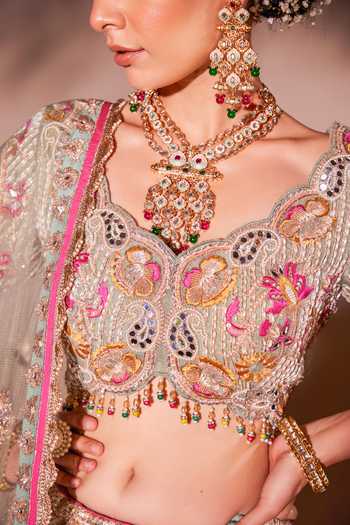 Chaashni By Maansi And Ketan_Ivory Organza, Net Beads, Tassels, Pearls, Embroidered Floral Bridal Lehenga Set _at_Aza_Fashions