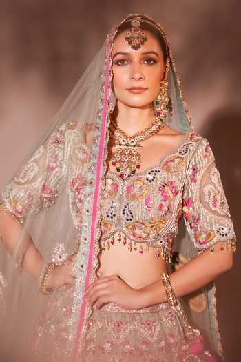Shop_Chaashni By Maansi And Ketan_Ivory Organza, Net Beads, Tassels, Pearls, Embroidered Floral Bridal Lehenga Set _at_Aza_Fashions