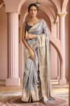 Buy_Samyukta Singhania_Grey Pure Silk Floral Woven Motif Saree With Running Blouse _at_Aza_Fashions