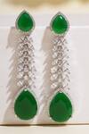 Shop_Curio Cottage_Silver Plated Faux Diamonds Emerald Link Embellished Danglers _at_Aza_Fashions