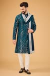 Buy_Kasbah_Blue Silk Mirrors, Embroidery Teal Mirrorwork Kurta Set With Stole _at_Aza_Fashions