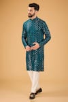 Buy_Kasbah_Blue Silk Embroidered Mirror Work Straight Kurta _at_Aza_Fashions