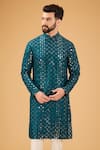 Kasbah_Blue Silk Embroidered Mirror Work Straight Kurta _Online_at_Aza_Fashions