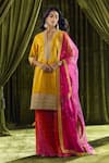 Shop_Samyukta Singhania_Yellow Kurta Silk Hand Embroidery Bandhani Mandarin Collar Print Sharara Set _Online