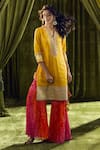 Samyukta Singhania_Yellow Kurta Silk Hand Embroidery Bandhani Mandarin Collar Print Sharara Set 