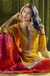 Samyukta Singhania_Yellow Kurta Silk Hand Embroidery Bandhani Mandarin Collar Print Sharara Set 