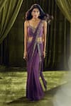 Buy_Samyukta Singhania_Wine Blouse Silk Hand Embroidery Sequin V Neck Pre-draped Saree With _at_Aza_Fashions