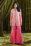 Shop_Samyukta Singhania_Pink Kurta And Gharara Crepe Hand Embroidery Sequin Notch Pearl Set _at_Aza_Fashions