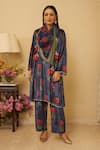 Buy_Rainas_Blue Kurta And Pant Velvet Printed Floral Notched Blossom Night Set With Scarf _at_Aza_Fashions