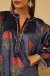 Buy_Rainas_Blue Kurta And Pant Velvet Printed Floral Notched Blossom Night Set With Scarf _Online_at_Aza_Fashions