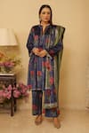 Buy_Rainas_Blue Velvet Printed Floral Notched Blossom Night Kurta Set With Dupatta _at_Aza_Fashions