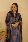 Rainas_Blue Velvet Printed Floral Notched Blossom Night Kurta Set With Dupatta _at_Aza_Fashions