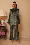 Rainas_Green Velvet Printed Serpent Band Collar Tunic With Flared Pant _Online_at_Aza_Fashions