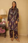 Buy_Rainas_Purple Kurta And Pant Velvet Printed Floral Notched Petal Set With Scarf _at_Aza_Fashions