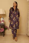 Buy_Rainas_Purple Kurta And Pant Velvet Printed Floral Notched Petal Set With Scarf _Online_at_Aza_Fashions