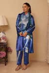 Buy_Rainas_Blue Kurta And Pant Velvet Printed Floral Mandarin Collar Set With Scarf _at_Aza_Fashions