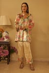 Buy_Rainas_Off White Velvet Printed Floral Mist Mandarin Collar Kurta With Pant _Online_at_Aza_Fashions