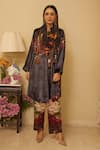 Buy_Rainas_Black Kurta And Pant Velvet Printed Floral Mist Mandarin Collar Set With Scarf _at_Aza_Fashions