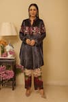 Rainas_Black Kurta And Pant Velvet Printed Floral Mist Mandarin Collar Set With Scarf _Online_at_Aza_Fashions