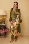 Buy_Rainas_Green Kurta And Pant Velvet Printed Vivid Vineyards Mandarin Set With Scarf _at_Aza_Fashions