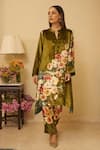 Shop_Rainas_Green Kurta And Pant Velvet Printed Vivid Vineyards Mandarin Set With Scarf _Online_at_Aza_Fashions