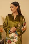 Rainas_Green Kurta And Pant Velvet Printed Vivid Vineyards Mandarin Set With Scarf _at_Aza_Fashions