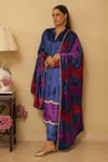 Buy_Rainas_Blue Velvet Printed Chevron Mandarin Collar Majesty Kurta Set With Dupatta _at_Aza_Fashions