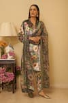 Buy_Rainas_Grey Kurta And Pant Velvet Printed Patterned Paradise V Neck Set With Dupatta _at_Aza_Fashions