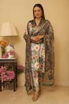 Rainas_Grey Kurta And Pant Velvet Printed Patterned Paradise V Neck Set With Dupatta _Online_at_Aza_Fashions