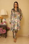 Buy_Rainas_Grey Kurta And Pant Velvet Printed Patterned Paradise V Neck Set With Dupatta _Online_at_Aza_Fashions