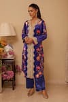 Rainas_Blue Velvet Printed Botanical V Neck Bliss Kurta With Pant _Online_at_Aza_Fashions