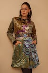 Rainas_Multi Color Velvet Printed Abstract Collared Dawn Duster Trench Coat _Online_at_Aza_Fashions