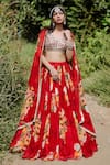 Buy_Foram Patel_Red Organza Print Floral Blossom V Neck Bloom Pleated Lehenga Set _at_Aza_Fashions