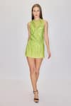 Buy_House of eda_Green 100% Nylon Hand Embellished Floral Round Edyth Shift Dress 