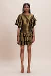 Kangana Trehan_Gold Jersey Ruffle Round Metallic Wrap Dress _Online_at_Aza_Fashions