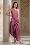 Buy_Meghna shah_Purple Pure Mul Silk Embroidered Thread One Floral Asymmetric Draped Gown _at_Aza_Fashions