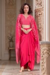 Buy_Meghna shah_Pink Pure Mul Silk Embroidered Thread Notched Jaal Blouse Solid Dhoti Skirt Set _at_Aza_Fashions