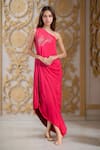 Buy_Meghna shah_Pink Pure Mul Silk Embroidered Thread One Asymmetric Floral Draped Gown _at_Aza_Fashions