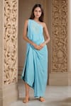 Buy_Meghna shah_Blue Pure Mul Silk Embroidered Thread One Floral Draped Asymmetric Gown _at_Aza_Fashions