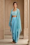 Buy_Meghna shah_Blue Pure Mul Silk Embroidered Thread Scoop Jaal Blouse Dhoti Skirt Set _at_Aza_Fashions