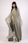 Buy_AK-OK_Grey Cotton Embroidered Thread Round Patchwork Dupatta Cape With Trouser _at_Aza_Fashions