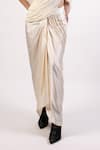 AK-OK_White Cotton Solid Tassels Top Asymmetric Sheer Ruched Draped Skirt Set _Online_at_Aza_Fashions