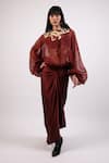 Buy_AK-OK_Maroon Organza Embroidered Thread Top Round Patchwork Draped Skirt Set _at_Aza_Fashions