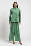 Buy_AK-OK_Green Cotton Embroidery Eyelet Collar Sleeve Shirt And Flared Trouser Co-ord Set _at_Aza_Fashions