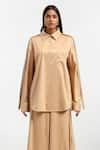 Buy_AK-OK_Peach Cotton Embroidery Eyelet Collar Sleeve Shirt And Flared Trouser Co-ord Set _Online_at_Aza_Fashions