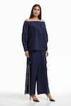 Buy_AK-OK_Blue Cotton Embroidery Eyelet Off Solid Top And Flared Trouser Co-ord Set _at_Aza_Fashions